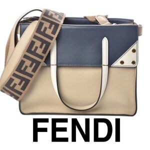 FENDI RARE Runway Flip Tote Bag w/ FF Crossbody Strap in Beige&Navy